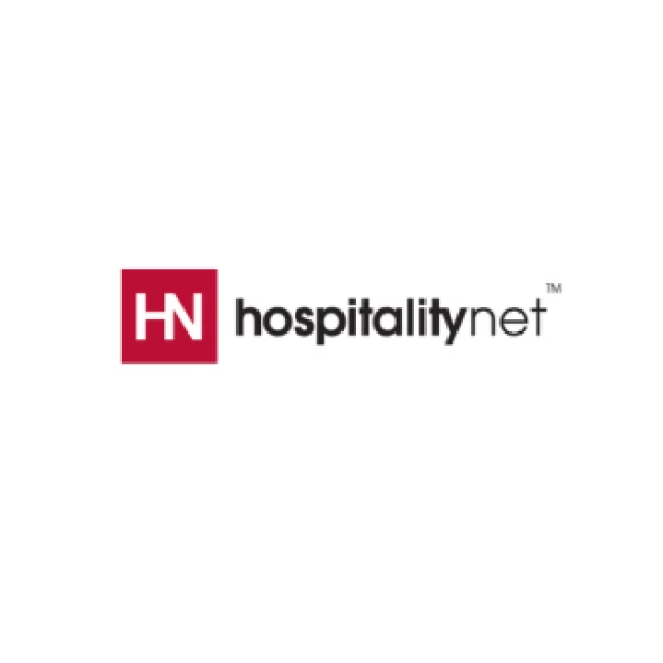 This image shows a logo with a red square containing the letters "HN," followed by the text "hospitalitynet" to the right.
