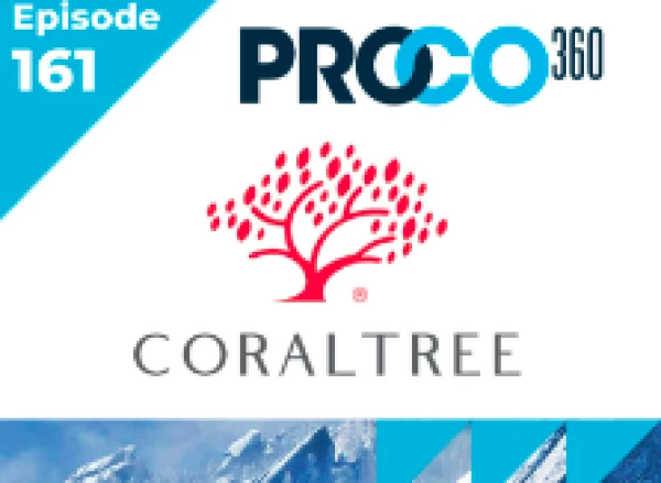 The image shows "Episode 161" of the PROCO360 podcast with the CoralTree logo featuring a red tree and mountains in the background.