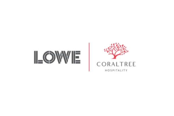 This image contains two logos: "LOWE" in stylized text and "CORALTREE HOSPITALITY" with a red tree graphic to the right.