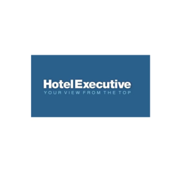 The image shows a blue rectangle with the text "HotelExecutive" in white, followed by "YOUR VIEW FROM THE TOP" underneath.