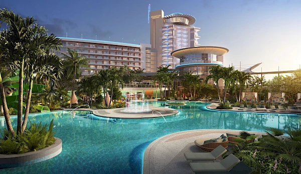A luxurious resort with modern buildings, palm trees, and a large swimming pool featuring water fountains and lounge areas.