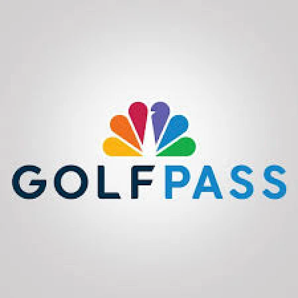 The image shows the GolfPass logo with a colorful peacock icon above the text "GOLFPASS" against a light gray background.